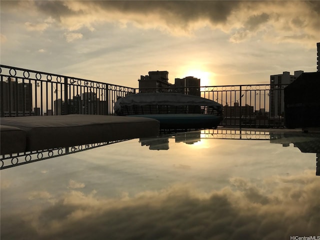 view of patio terrace at dusk