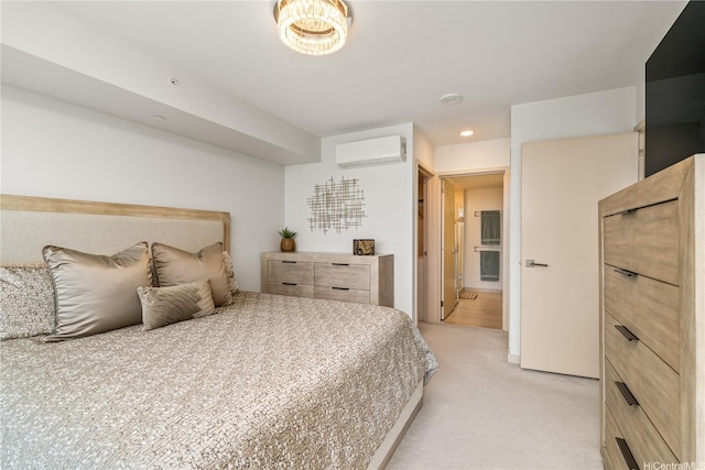 bedroom featuring recessed lighting, ensuite bath, light carpet, and a wall unit AC