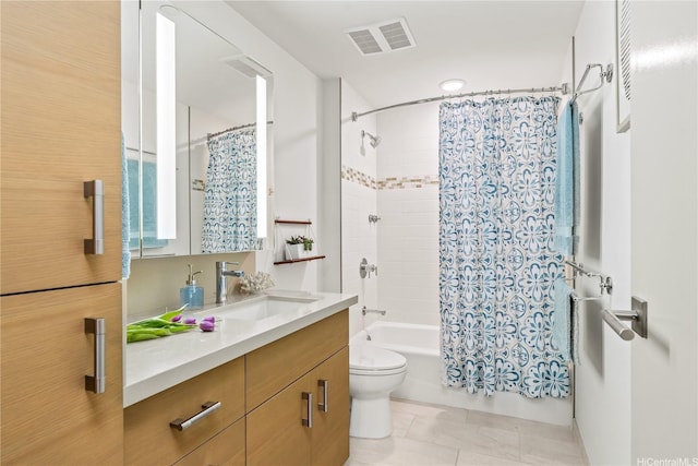 bathroom with vanity, shower / bath combo, tile patterned flooring, toilet, and visible vents