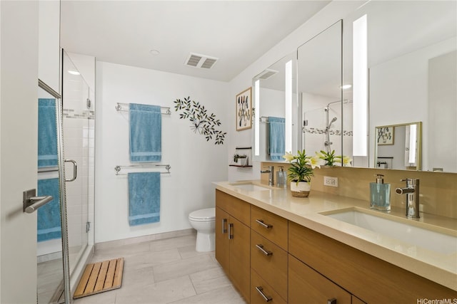 full bath featuring toilet, a stall shower, a sink, and visible vents