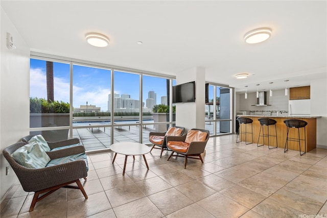 living room with expansive windows