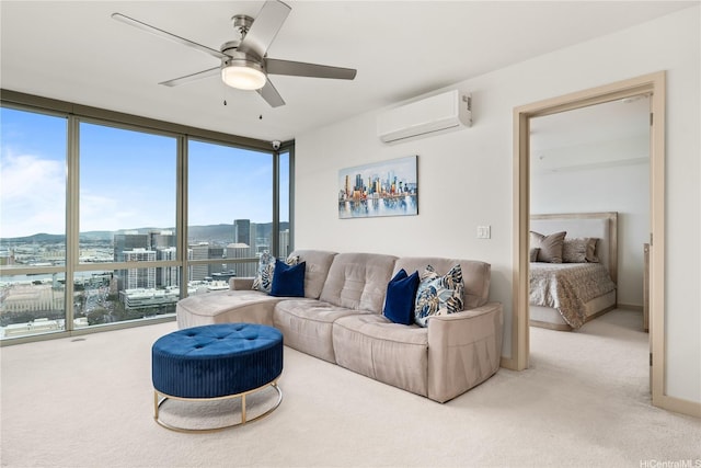 living room with a wall of windows, a ceiling fan, a wall mounted AC, carpet, and a city view