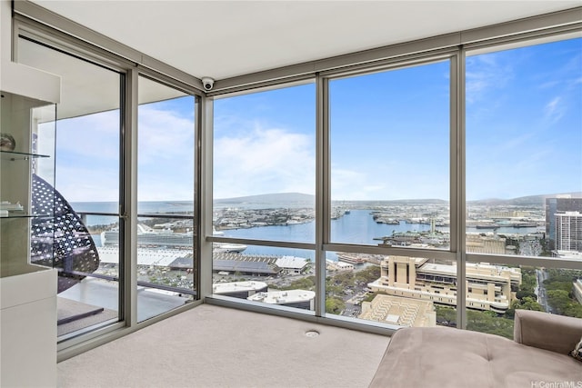 sunroom with a city view and a water view