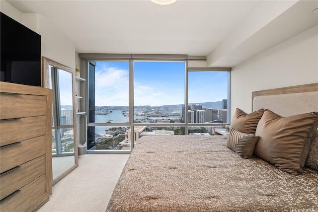 bedroom with a view of city, carpet flooring, and a wall of windows
