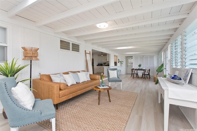 1334 Kuuna St, Kailua, HI 96734 - living room with light wood-type flooring, wooden ceiling, and beamed ceiling