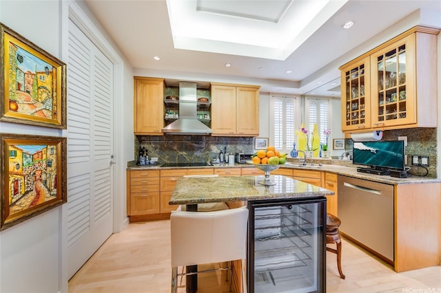 1740 S Beretania St Unit 9, Honolulu, HI 96826 - kitchen with beverage cooler, dishwasher, wall chimney exhaust hood, a tray ceiling, and a breakfast bar