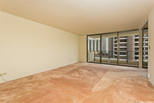 carpeted empty room featuring a textured ceiling