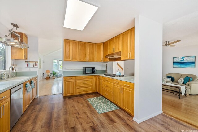 kitchen featuring appliances with stainless steel finishes, wood finished floors, a sink, light countertops, and under cabinet range hood