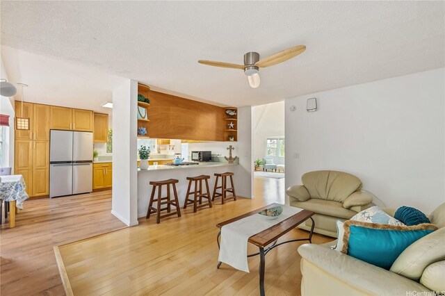 living area with ceiling fan and light wood finished floors
