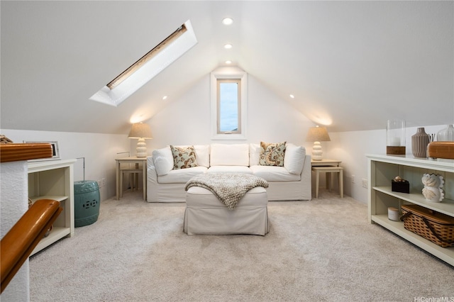 living area with recessed lighting, lofted ceiling with skylight, and carpet