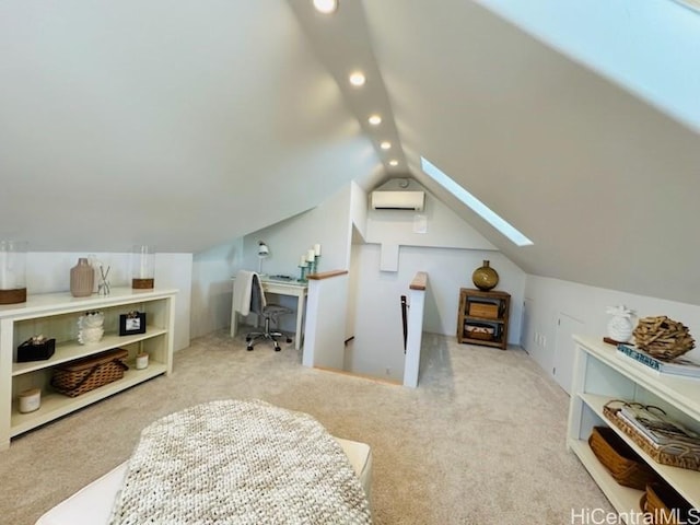 interior space with an AC wall unit, lofted ceiling with skylight, recessed lighting, and carpet flooring