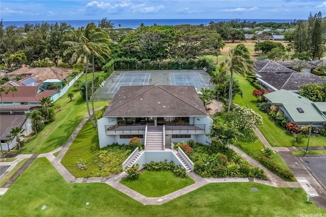 aerial view featuring a water view