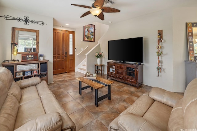 91-1154 Pekau St, Ewa Beach, HI 96706 - living room with a ceiling fan, stairway, and recessed lighting