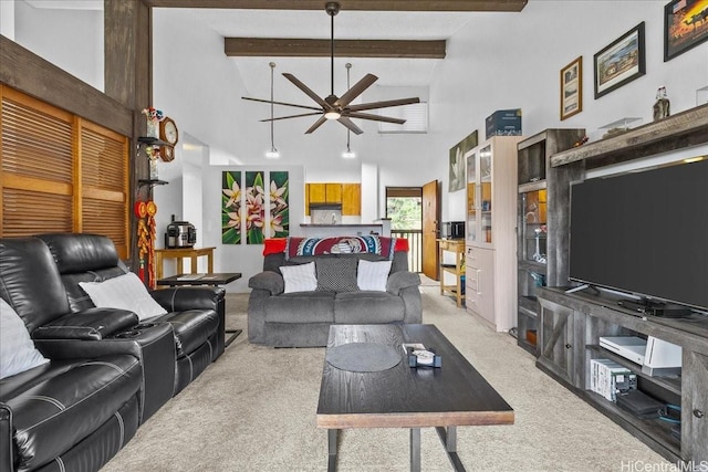 46-020 Aliikane Pl Unit 325, Kaneohe, HI 96744 - living room featuring high vaulted ceiling, light colored carpet, a ceiling fan, and beam ceiling