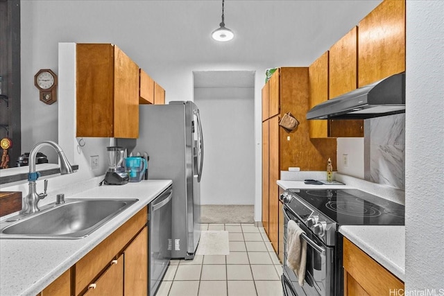 46-020 Aliikane Pl Unit 325, Kaneohe, HI 96744 - kitchen with under cabinet range hood, dishwasher, a sink, electric stove, and brown cabinets