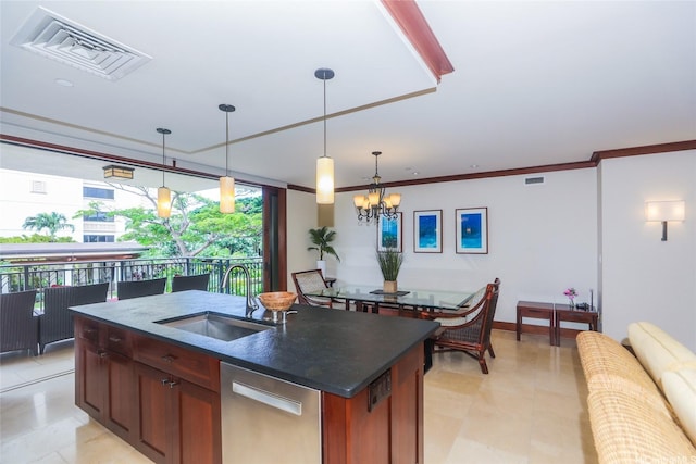 kitchen with dishwasher, visible vents, a sink, and pendant lighting
