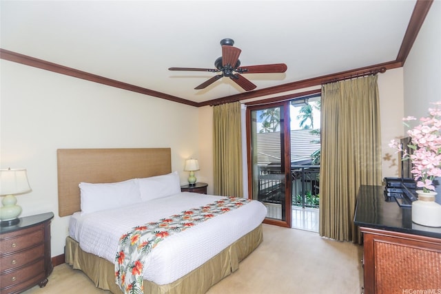 bedroom featuring ceiling fan, ornamental molding, light colored carpet, and access to outside