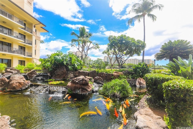 view of home's community with a garden pond