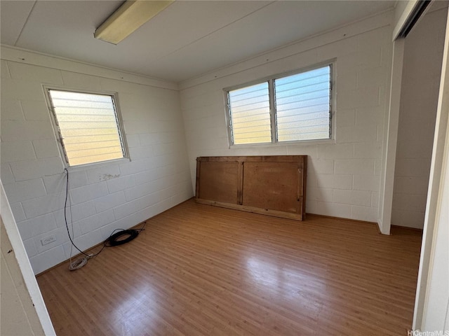 empty room featuring a wealth of natural light, concrete block wall, and light wood-style flooring