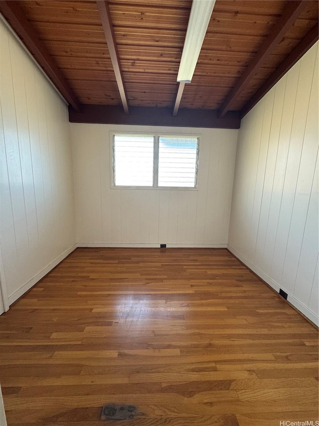 spare room featuring wood ceiling, wood finished floors, and beam ceiling