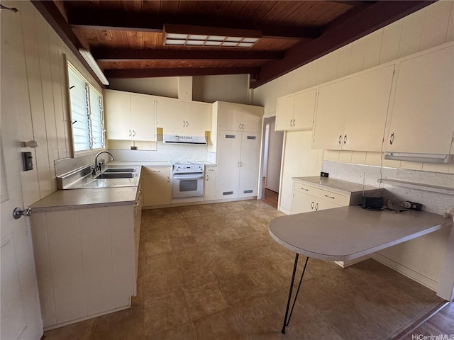 kitchen featuring a sink, lofted ceiling with beams, oven, wooden ceiling, and ventilation hood