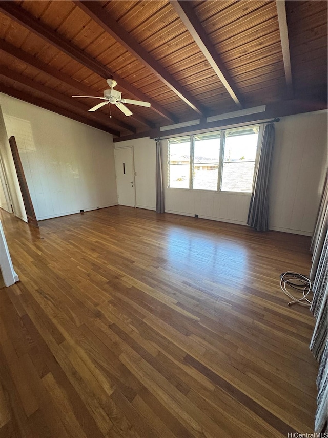 spare room featuring wood ceiling, a ceiling fan, beam ceiling, and dark wood-style flooring