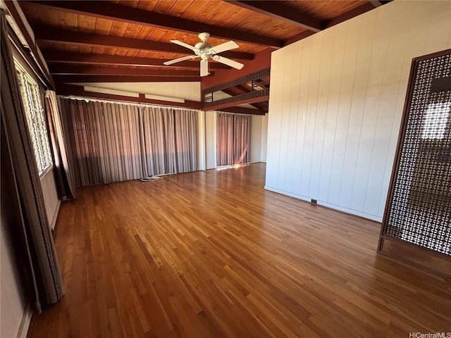 unfurnished room featuring lofted ceiling with beams, a ceiling fan, and wood finished floors