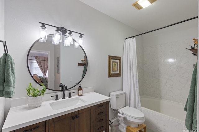 full bathroom with electric panel, shower / bath combo with shower curtain, toilet, and vanity