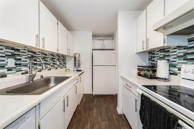 94-160 Anania Dr Unit 265, Mililani, HI 96789 - kitchen with a sink, decorative backsplash, white appliances, under cabinet range hood, and dark wood-type flooring