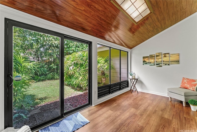 98-1790 Kaahumanu St Unit 64B, Pearl City, HI 96782 - doorway with vaulted ceiling, wood finished floors, baseboards, and wood ceiling