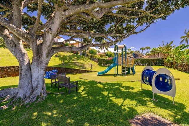community jungle gym with a yard