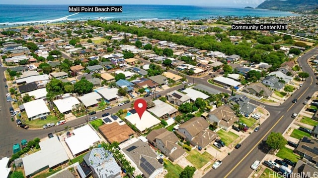 aerial view with a water view and a residential view