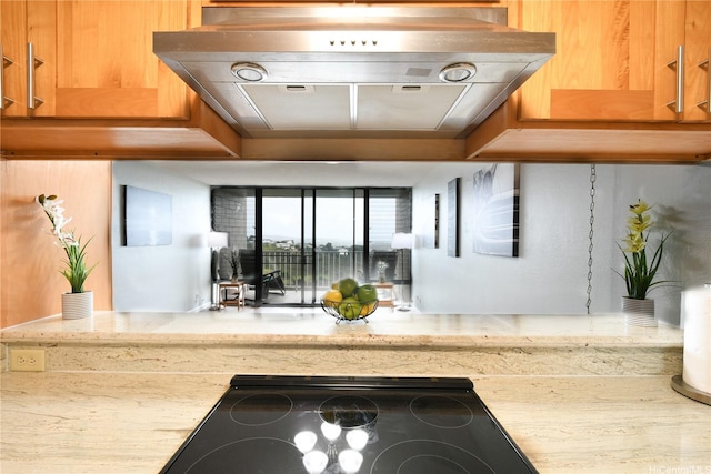 98-719 Iho Pl Unit 5/804, Aiea, HI 96701 - kitchen with exhaust hood, black electric stovetop, and light stone countertops