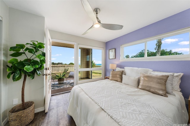 92-1214 Palahia St Unit X106, Kapolei, HI 96707 - bedroom with baseboards, a ceiling fan, dark wood finished floors, and access to exterior