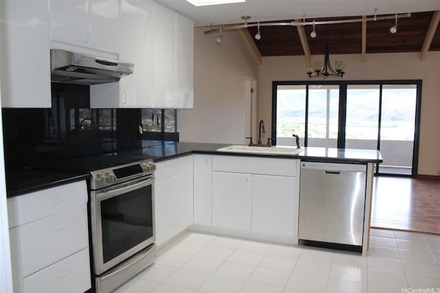 155 Polihale Pl, Honolulu, HI 96825 - kitchen featuring appliances with stainless steel finishes, a sink, rail lighting, under cabinet range hood, and a peninsula