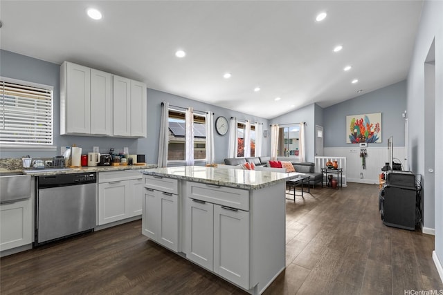 94-1106 Kaloli Loop, Waipahu, HI 96797 - kitchen featuring dishwasher, vaulted ceiling, dark wood-style flooring, recessed lighting, and open floor plan