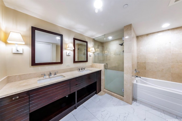 1551 Ala Wai Blvd Unit 2903, Honolulu, HI 96815 - full bathroom with a bath, a shower stall, marble finish floor, and a sink