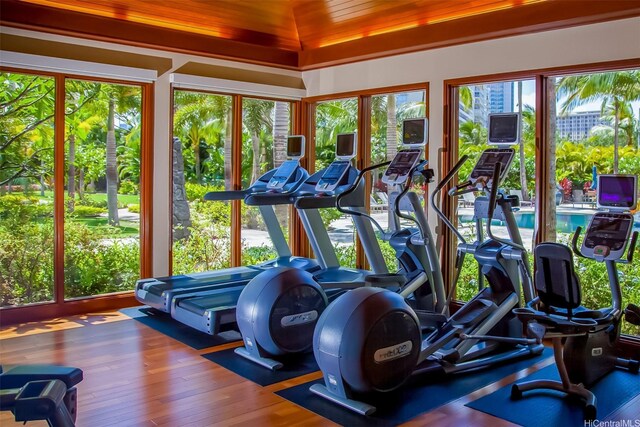1551 Ala Wai Blvd Unit 2903, Honolulu, HI 96815 - exercise room featuring wood finished floors and wooden ceiling