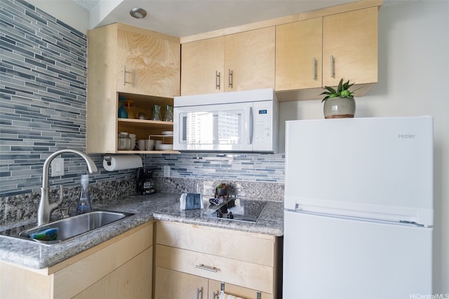 134 Kapahulu Ave Unit 617, Honolulu, HI 96815 - kitchen featuring white appliances, a sink, light brown cabinetry, and backsplash