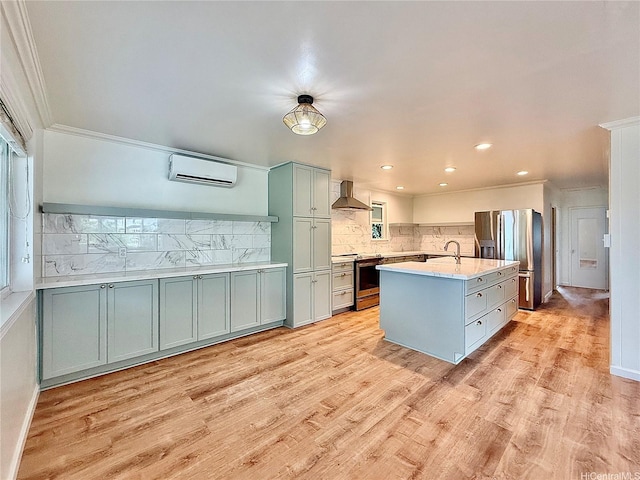 47-104 Hunaahi St, Kaneohe, HI 96744 - kitchen featuring wall chimney range hood, stainless steel appliances, decorative backsplash, a wall mounted AC, and crown molding