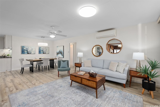 1230 Hoohulu St, Pearl City, HI 96782 - living room featuring an AC wall unit, light wood-style floors, and ceiling fan