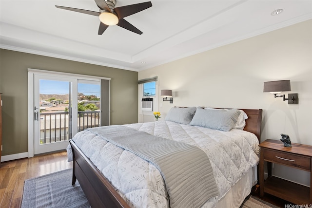 3750 Kaimuki Ave, Honolulu, HI 96816 - bedroom featuring access to outside, wood finished floors, crown molding, a ceiling fan, and a raised ceiling