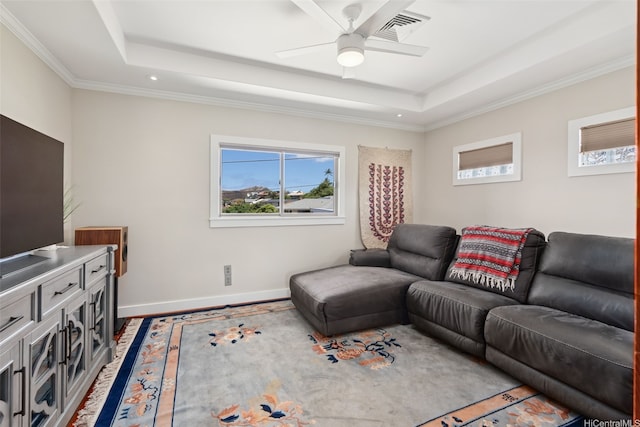 3750 Kaimuki Ave, Honolulu, HI 96816 - living area with a tray ceiling, healthy amount of natural light, a ceiling fan, recessed lighting, and crown molding