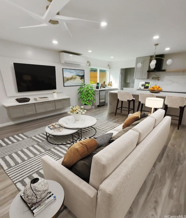 362 Waiopua Pl, Honolulu, HI 96825 - living room featuring a wall unit AC, light wood-style floors, recessed lighting, and a ceiling fan