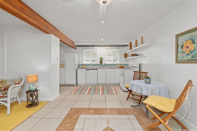 2107 Makanani Dr, Honolulu, HI 96817 - kitchen with light tile patterned floors, white appliances, a ceiling fan, white cabinets, and a sink