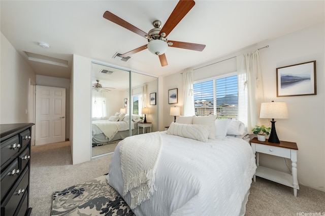 87-1801 Mokila St, Waianae, HI 96792 - bedroom with ceiling fan, light carpet, a closet, and visible vents