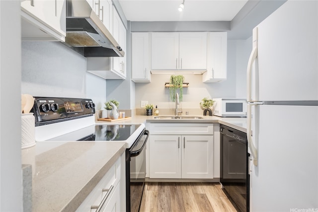 876 Curtis St Unit 3208, Honolulu, HI 96813 - kitchen with white appliances, extractor fan, white cabinets, light wood-type flooring, and light countertops