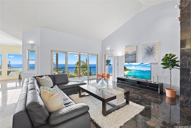 855 Ikena Cir, Honolulu, HI 96821 - living room featuring high vaulted ceiling, marble tiled floors, and a water view