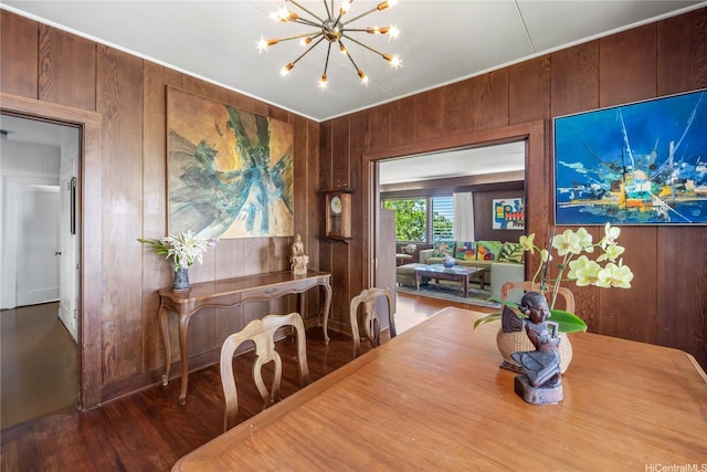 3637 Nihipali Pl, Honolulu, HI 96816 - dining area featuring wooden walls, a chandelier, and wood finished floors