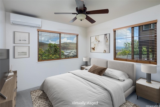 92-1199 Pueonani St, Kapolei, HI 96707 - bedroom featuring an AC wall unit, carpet flooring, multiple windows, and ceiling fan
